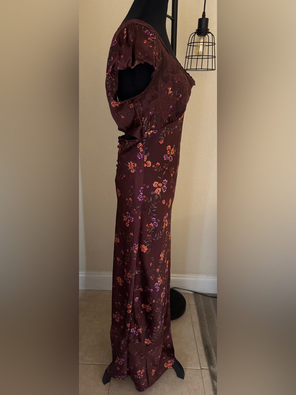 Free People Butterfly Babe Maxi Dress M Brown Floral Satin Open Back Cottagecore - Picture 5 of 9